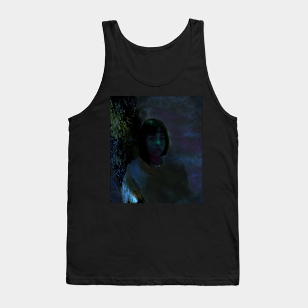 Portrait, digital collage and special processing. Lovely girl, sitting near tree. Night dreams. Blue and aquamarine. Tank Top by 234TeeUser234